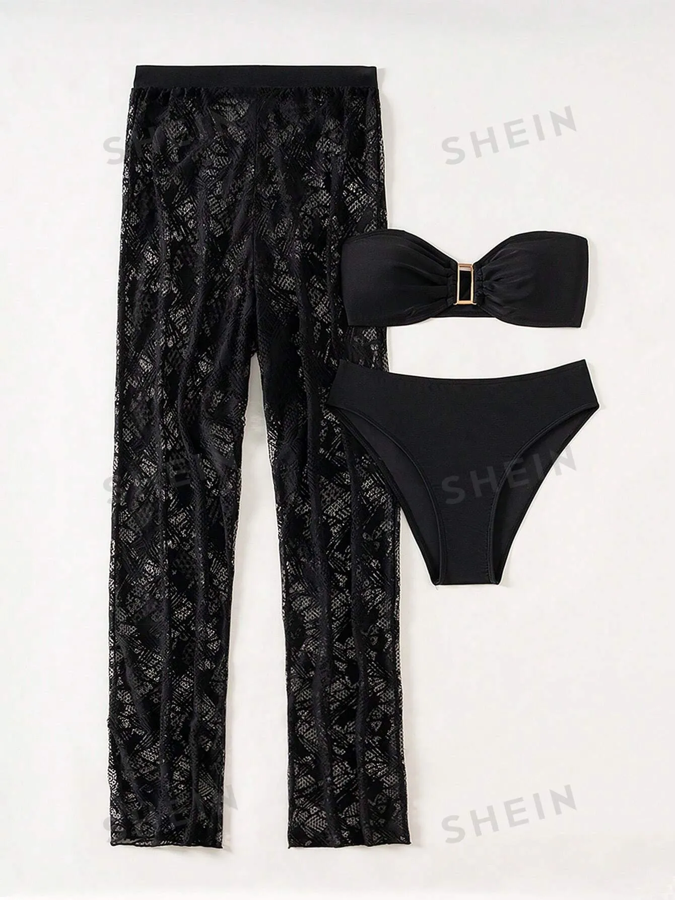 SHEIN Swim SXY Women's Solid Color Bandeau Bikini Set With Ruched Detailing For Summer Beach, Including Cover-Up And Long Pants, 3pcs