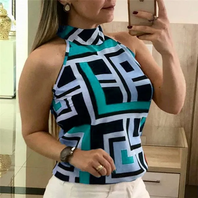 Sleeveless Geometric Halter Vest Top
