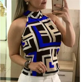 Sleeveless Geometric Halter Vest Top