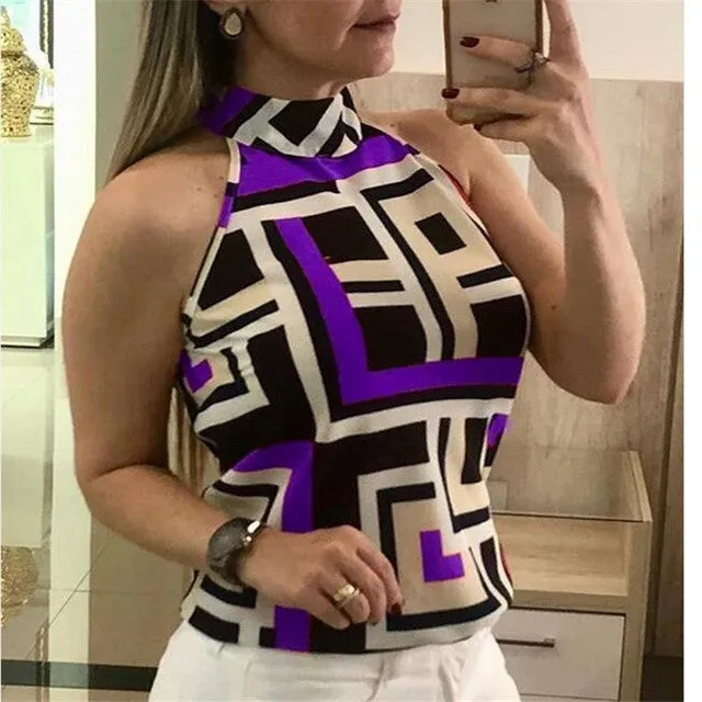 Sleeveless Geometric Halter Vest Top