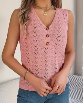 Sleeveless Pattern Button Knit Tank Top