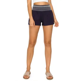 Smocked Waistband with Contrast Stitch Linen Short - Navy White