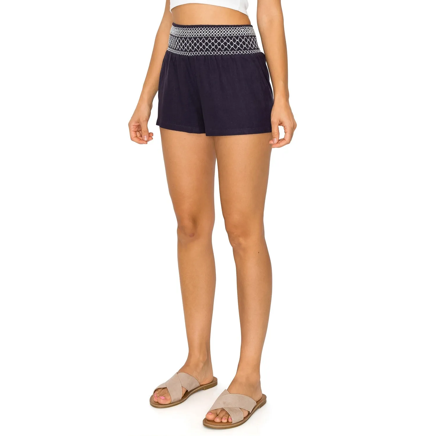 Smocked Waistband with Contrast Stitch Linen Short - Navy White