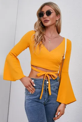 Tie Front Flare Sleeve Cropped Top - Ships from The US