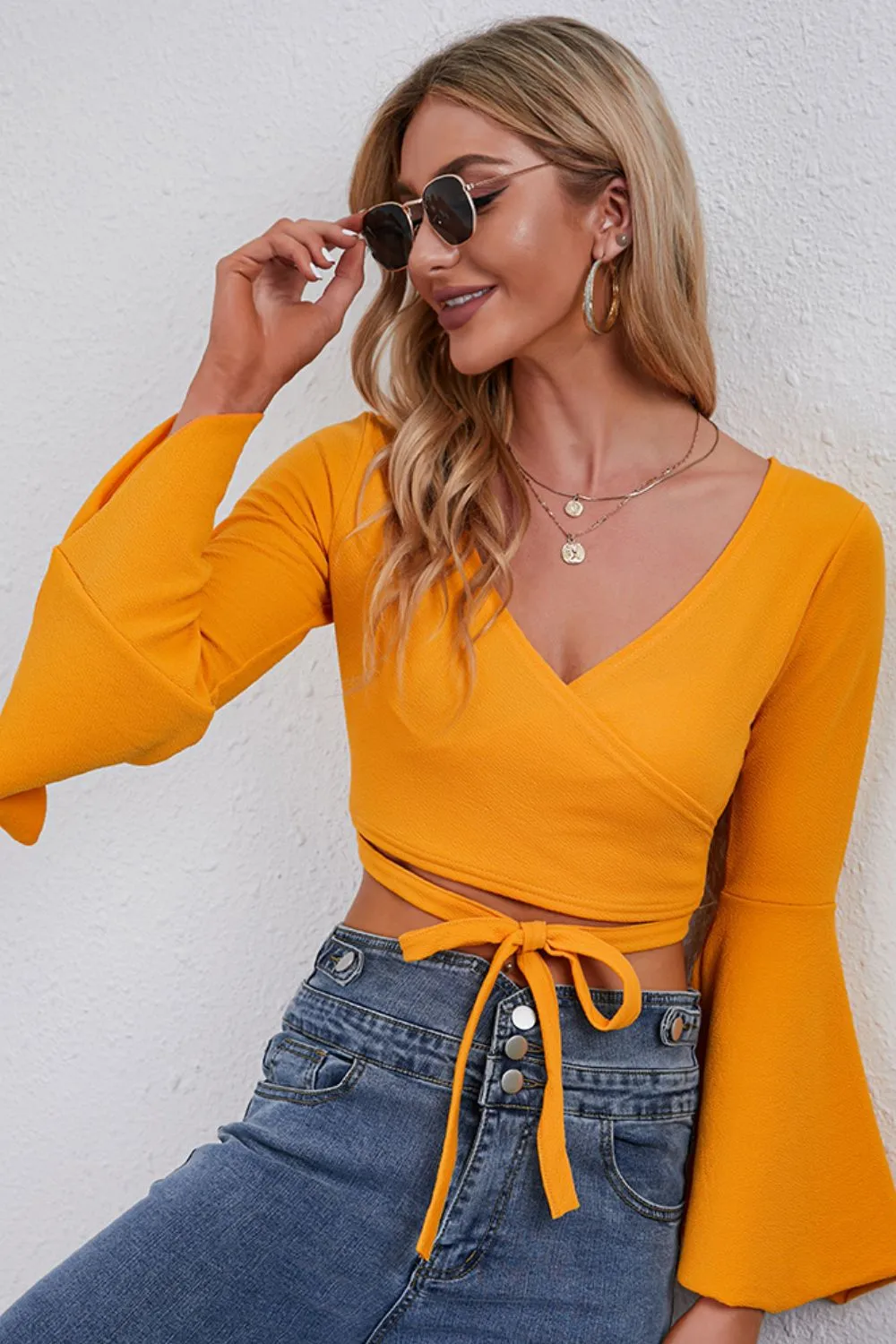 Tie Front Flare Sleeve Cropped Top - Ships from The US