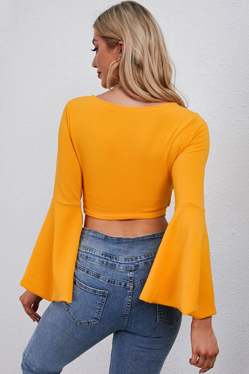 Tie Front Flare Sleeve Cropped Top - Ships from The US