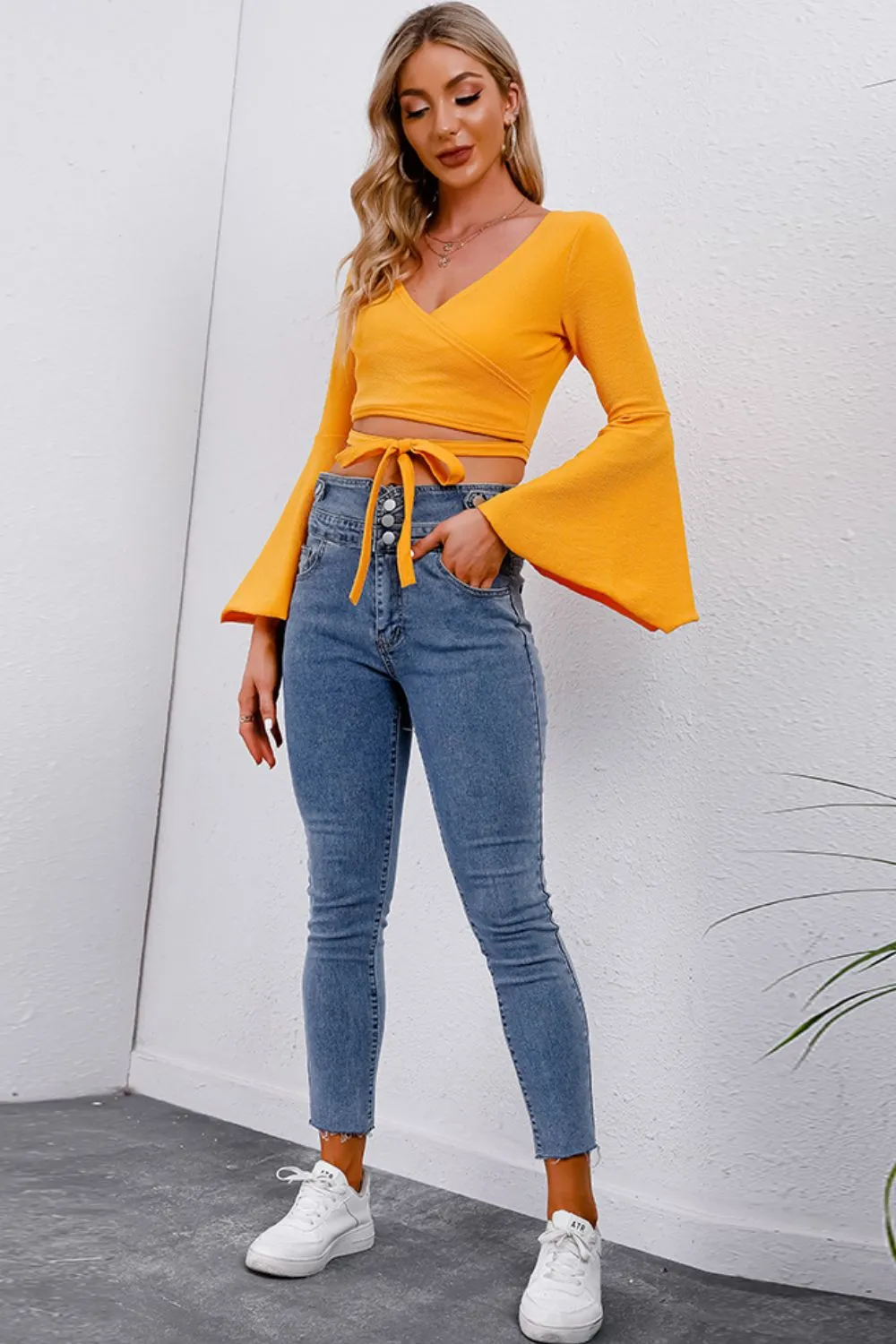 Tie Front Flare Sleeve Cropped Top - Ships from The US