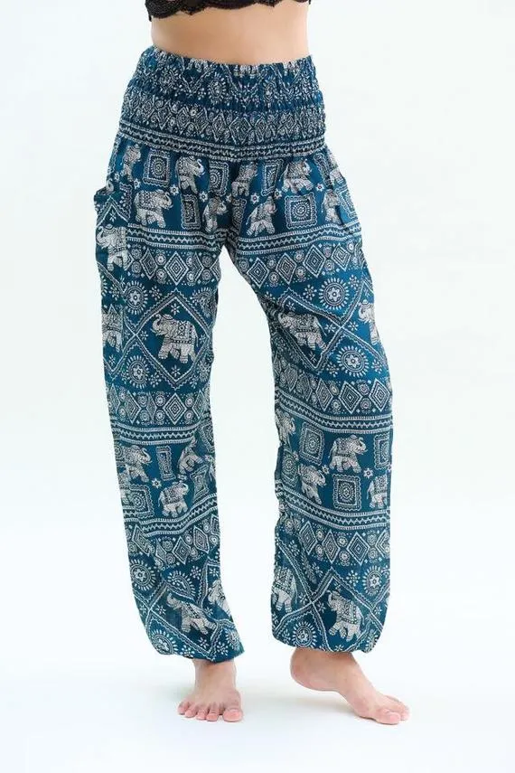 Unisex Bohemian Elephant Diamond Print Harem Pants- Teal