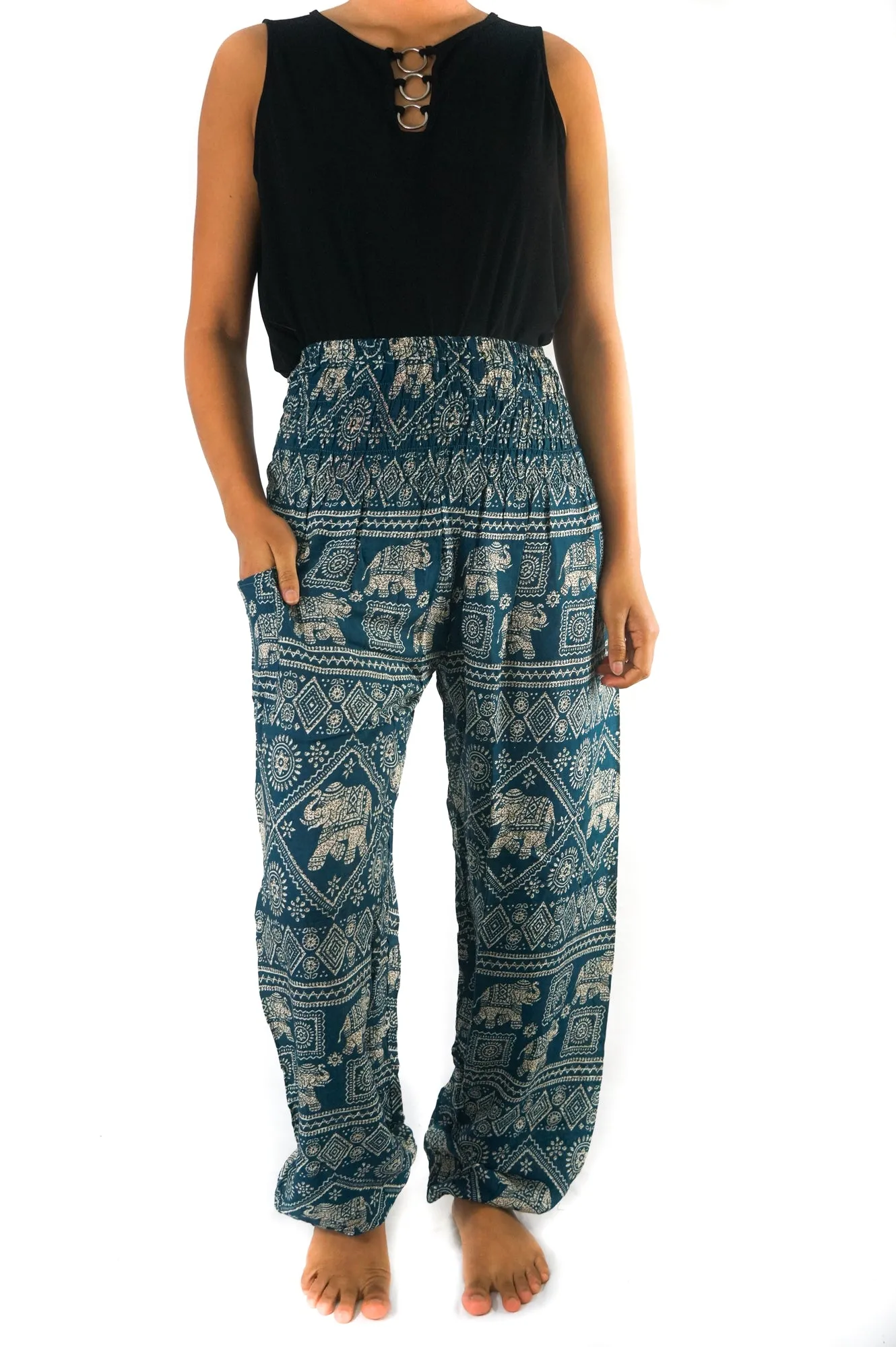 Unisex Bohemian Elephant Diamond Print Harem Pants- Teal