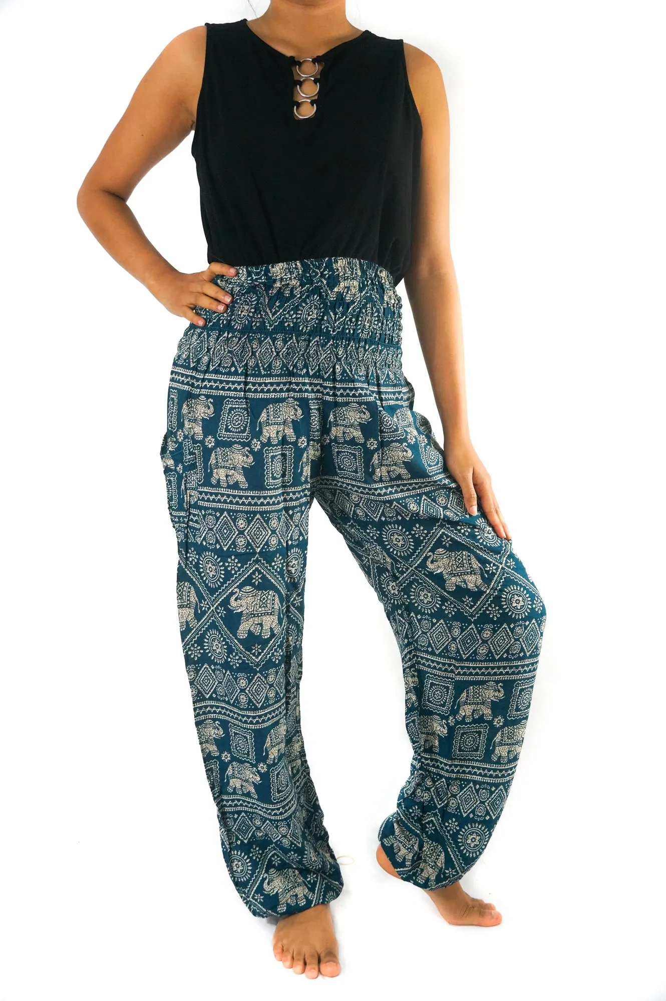 Unisex Bohemian Elephant Diamond Print Harem Pants- Teal