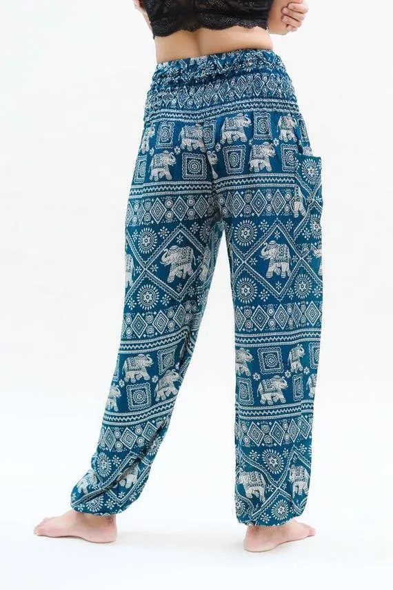 Unisex Bohemian Elephant Diamond Print Harem Pants- Teal