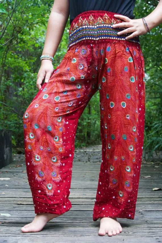 Unisex Bohemian Peacock Feather Motif Harem Pants- Burgundy