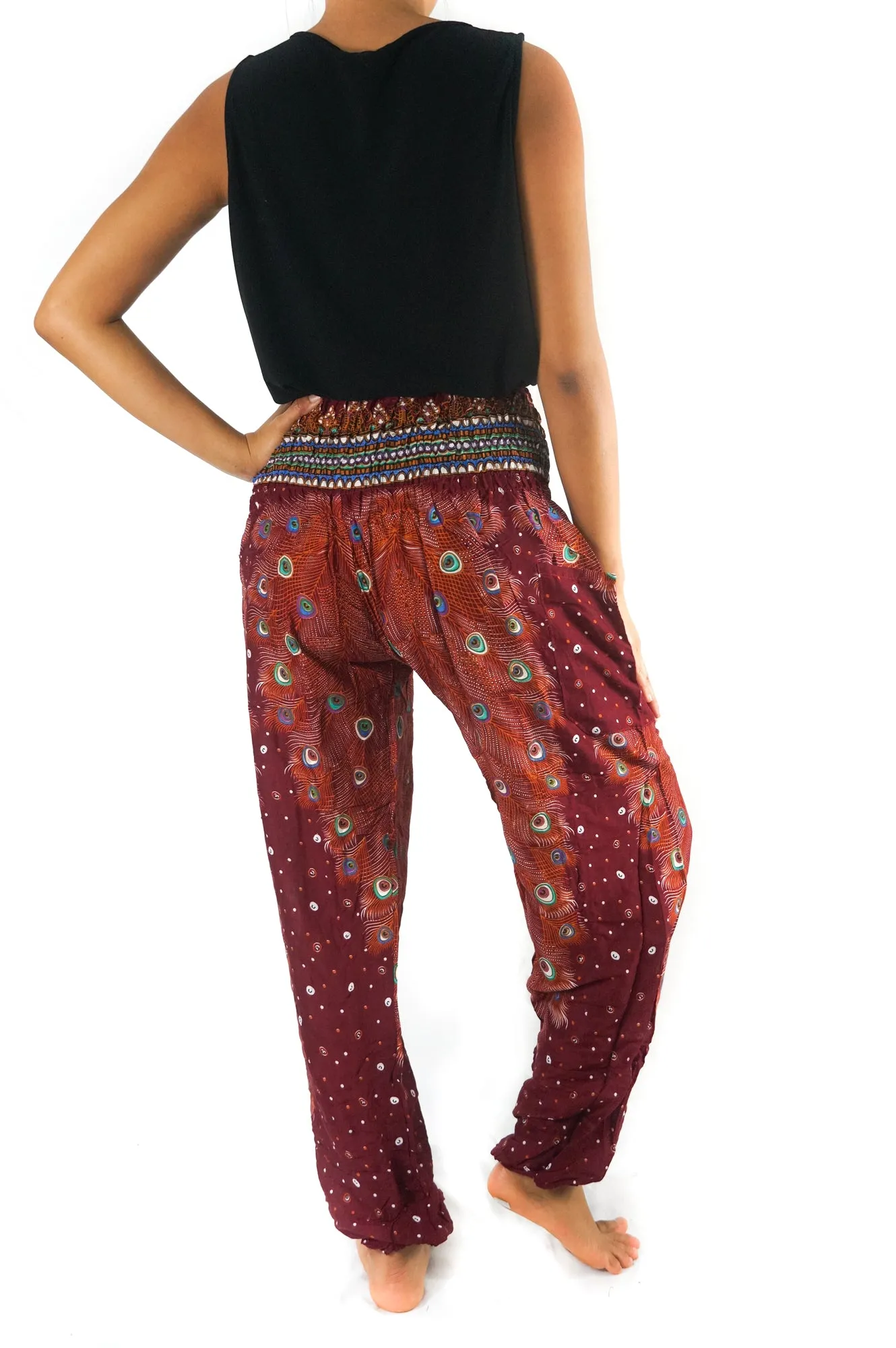 Unisex Bohemian Peacock Feather Motif Harem Pants- Burgundy