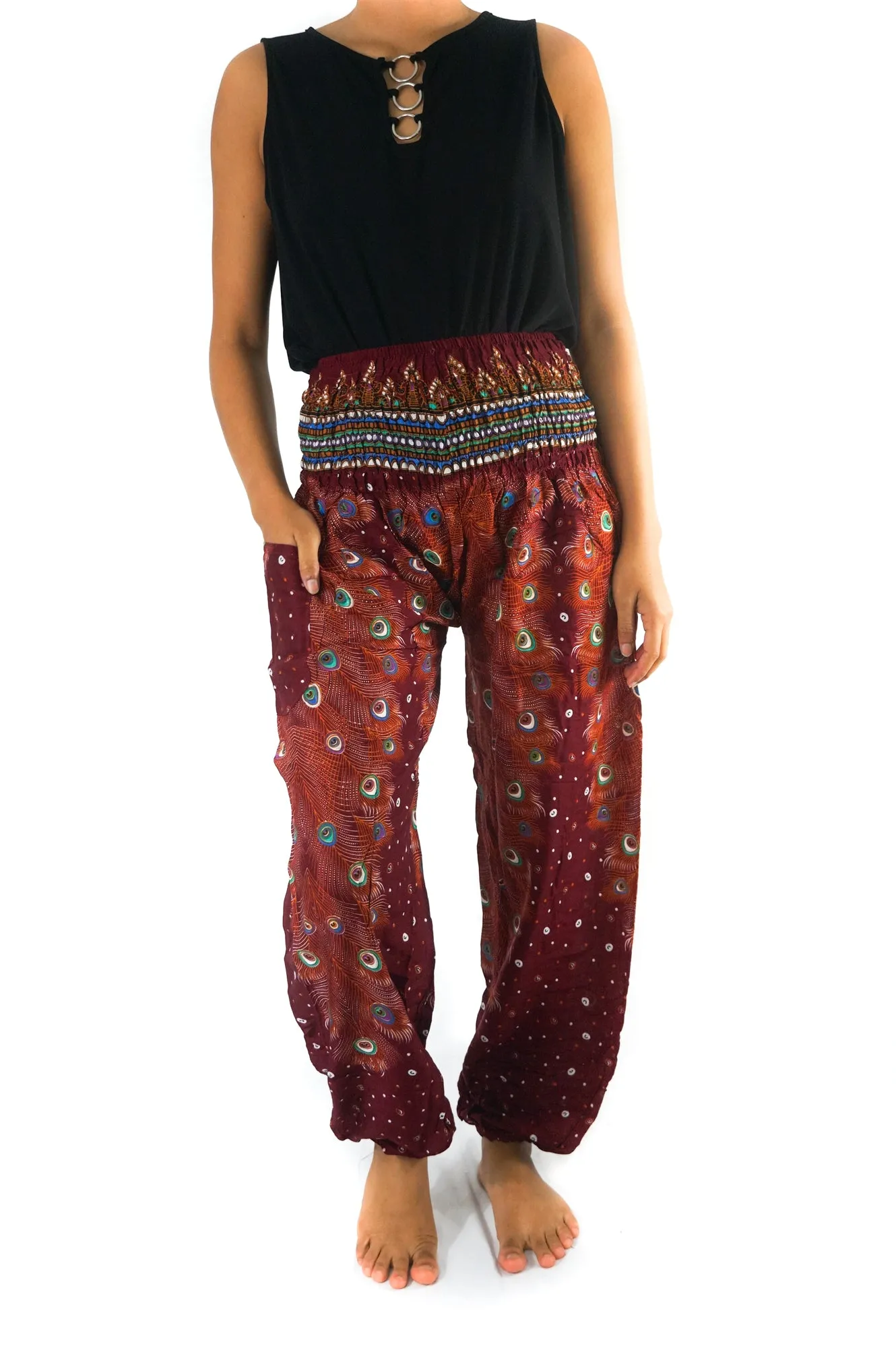 Unisex Bohemian Peacock Feather Motif Harem Pants- Burgundy