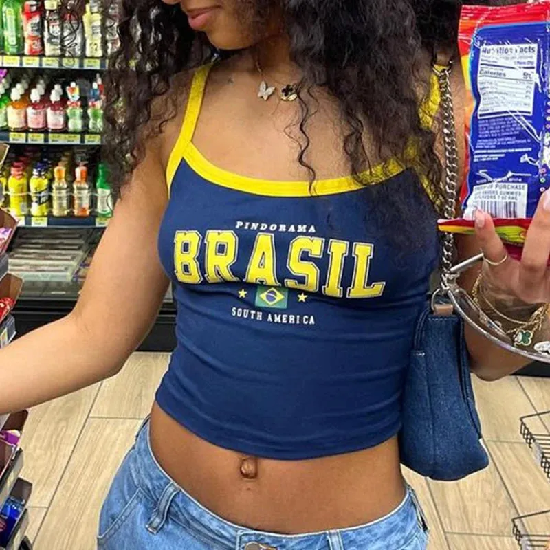 Vintage Brazil Print Camisole – Y2K Aesthetic Slim Fit Crop Top for Women
