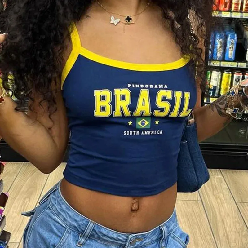 Vintage Brazil Print Camisole – Y2K Aesthetic Slim Fit Crop Top for Women