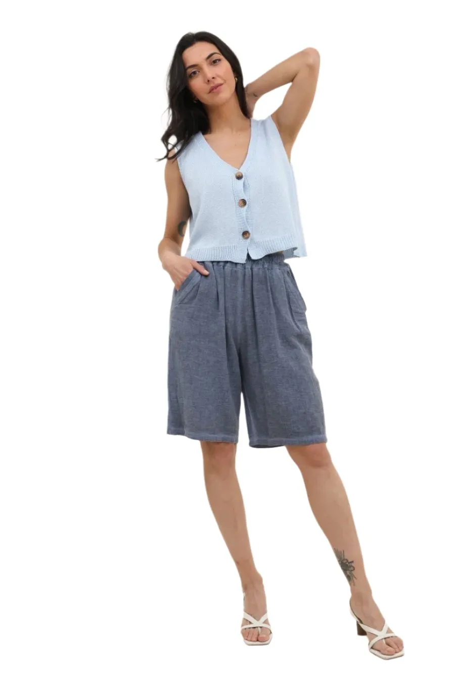 Washed Loose Fit Linen & Cotton One Size Bermuda Shorts