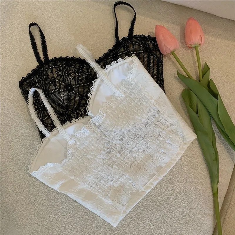 Wjczt Vintage Lace Tank Top Sexy Thin Breathable Beautiful Back Camisole Push Up Wireless Clothing 2022 New