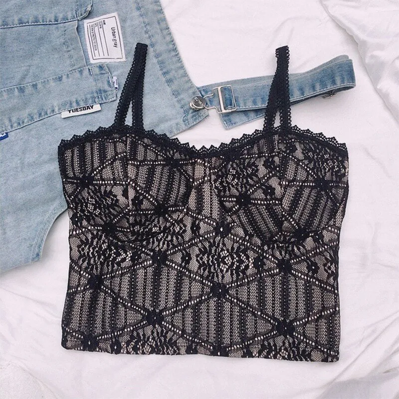 Wjczt Vintage Lace Tank Top Sexy Thin Breathable Beautiful Back Camisole Push Up Wireless Clothing 2022 New