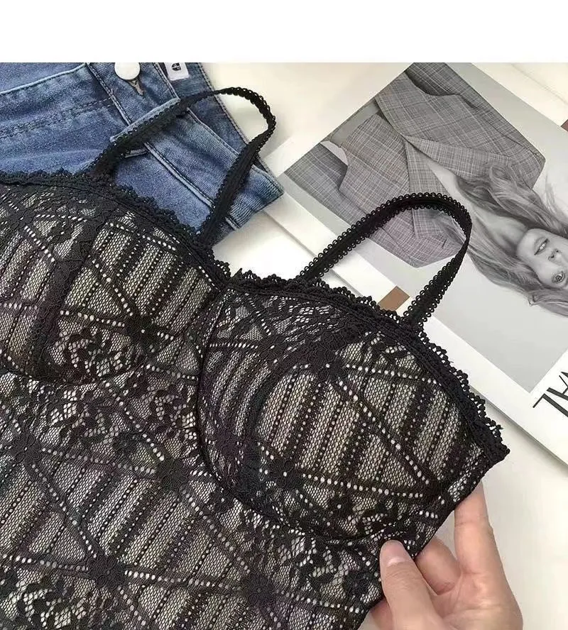 Wjczt Vintage Lace Tank Top Sexy Thin Breathable Beautiful Back Camisole Push Up Wireless Clothing 2022 New