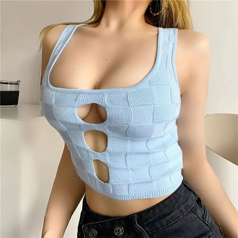 Wjczt Y2K Gyaru Sexy Crop Top Women Hollowed Knitting Vest Slim Was Thin Summer Solid Color Lattice Women Tank Top 2022 New
