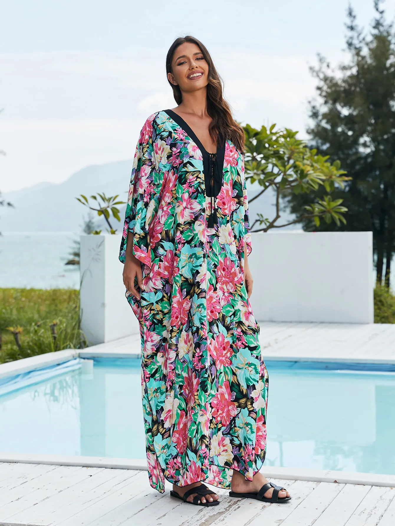Women's Black Floral Print V-neck Kaftan Beach Cover-Up