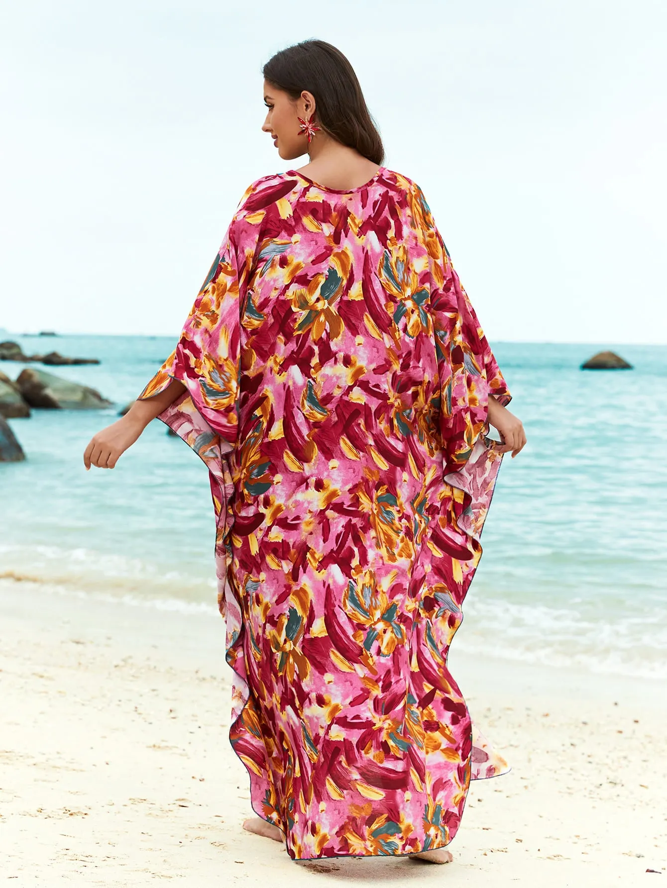 Women's Black Floral Print V-neck Kaftan Beach Cover-Up