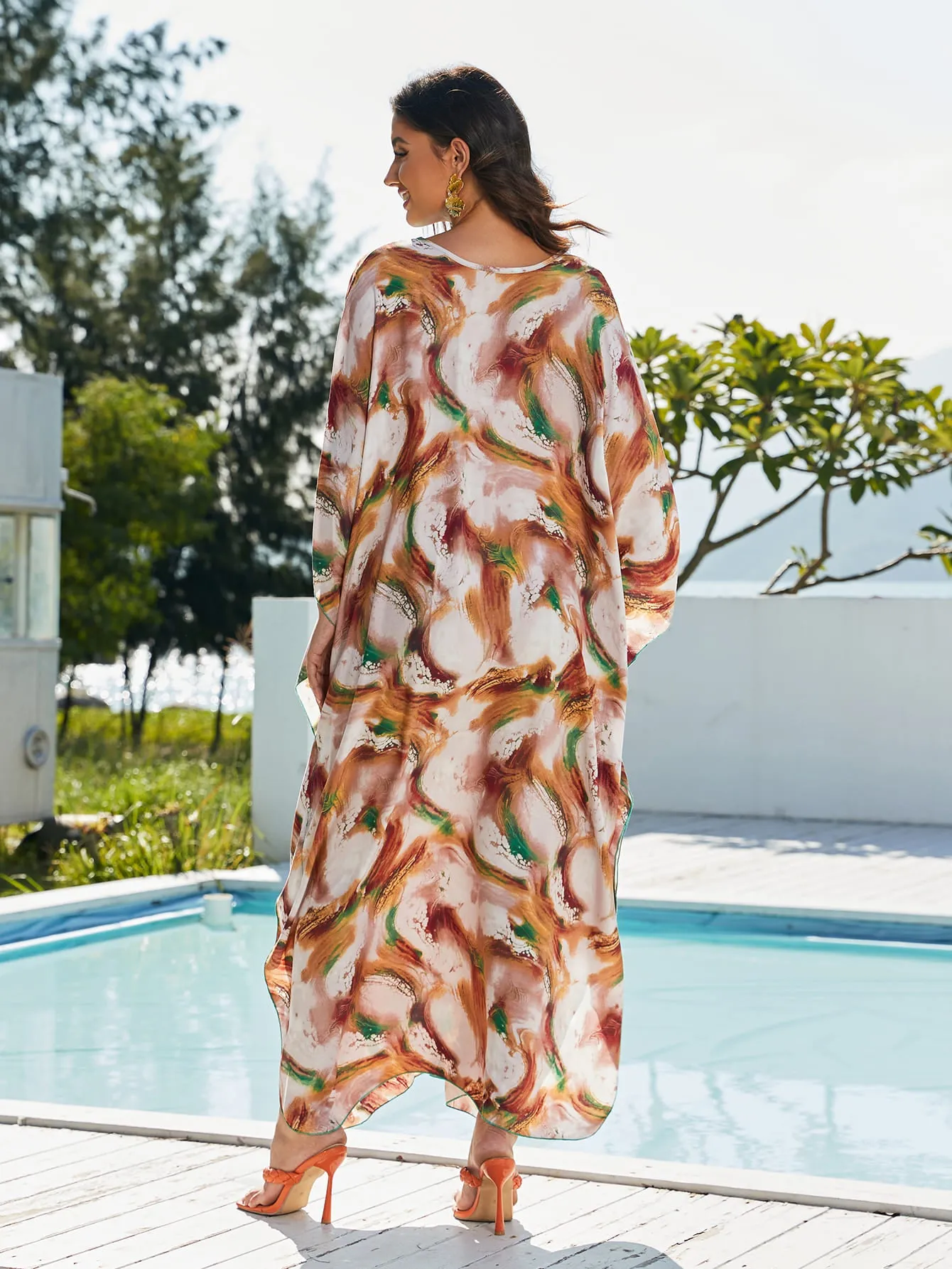 Women's Black Floral Print V-neck Kaftan Beach Cover-Up