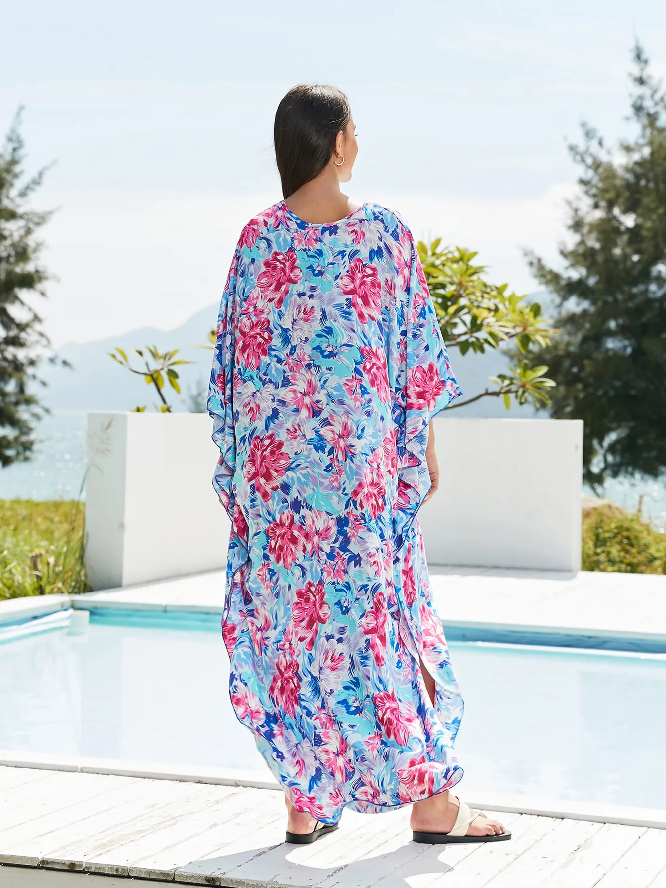 Women's Black Floral Print V-neck Kaftan Beach Cover-Up