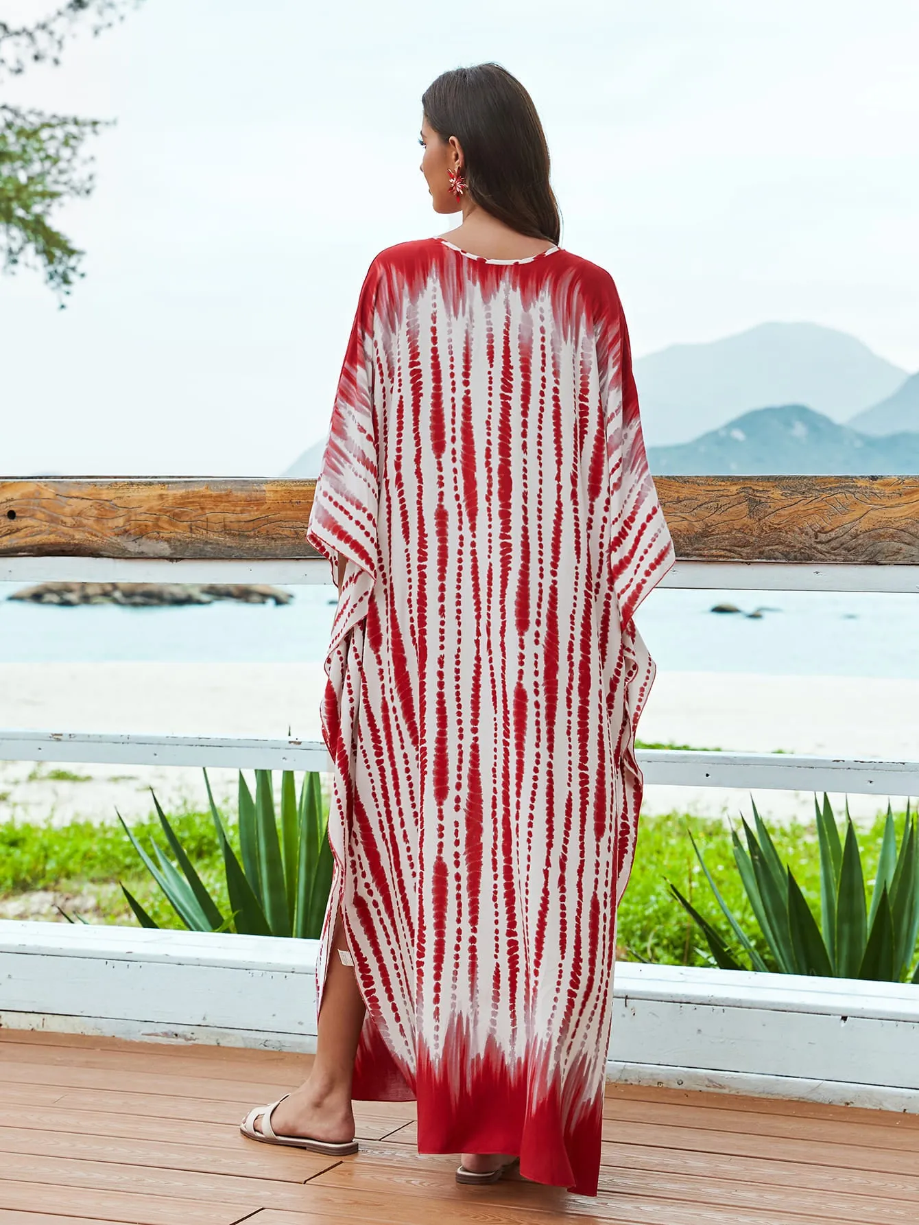 Women's Black Floral Print V-neck Kaftan Beach Cover-Up