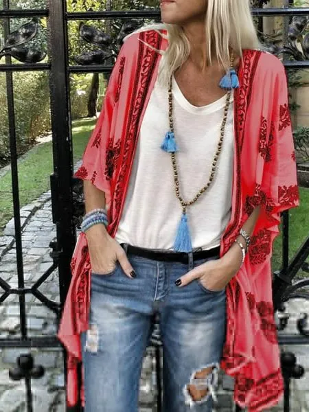 Women's Cardigans Vintage Print Mid Sleeve Cardigan