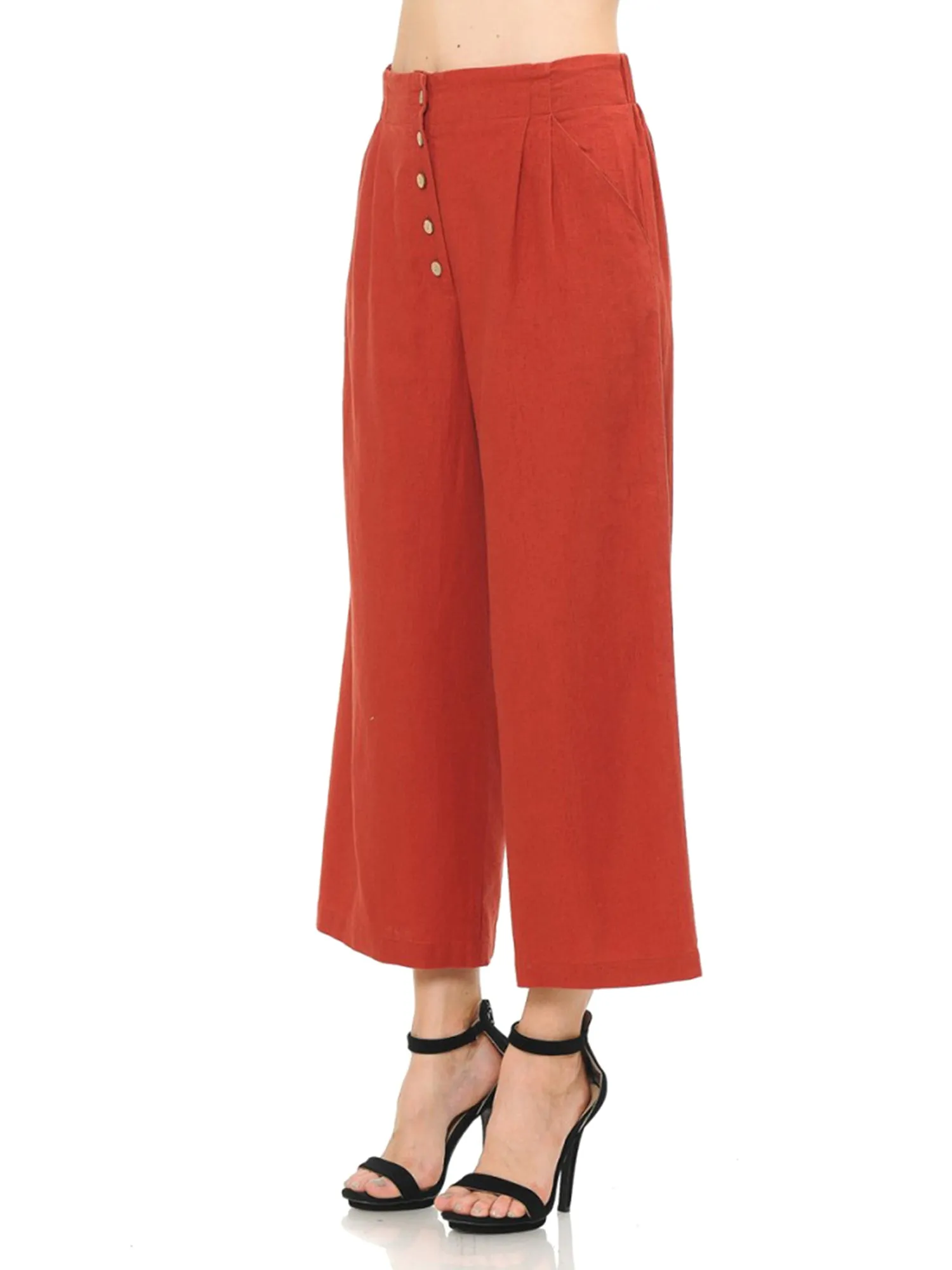 Women's Casual Relaxed Loose Fit Wide Leg Linen Crop Pants (FWB1036)