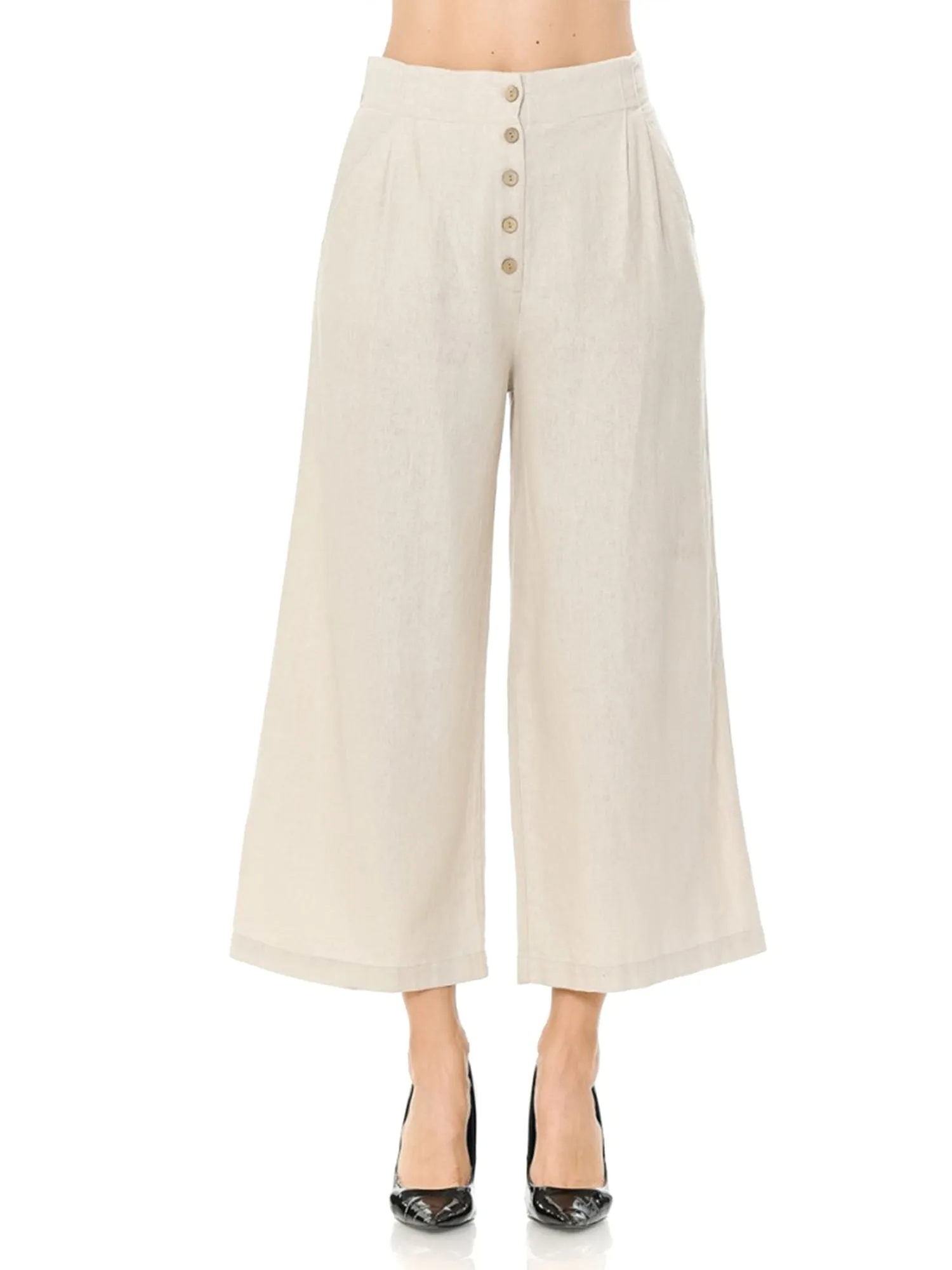 Women's Casual Relaxed Loose Fit Wide Leg Linen Crop Pants (FWB1036)