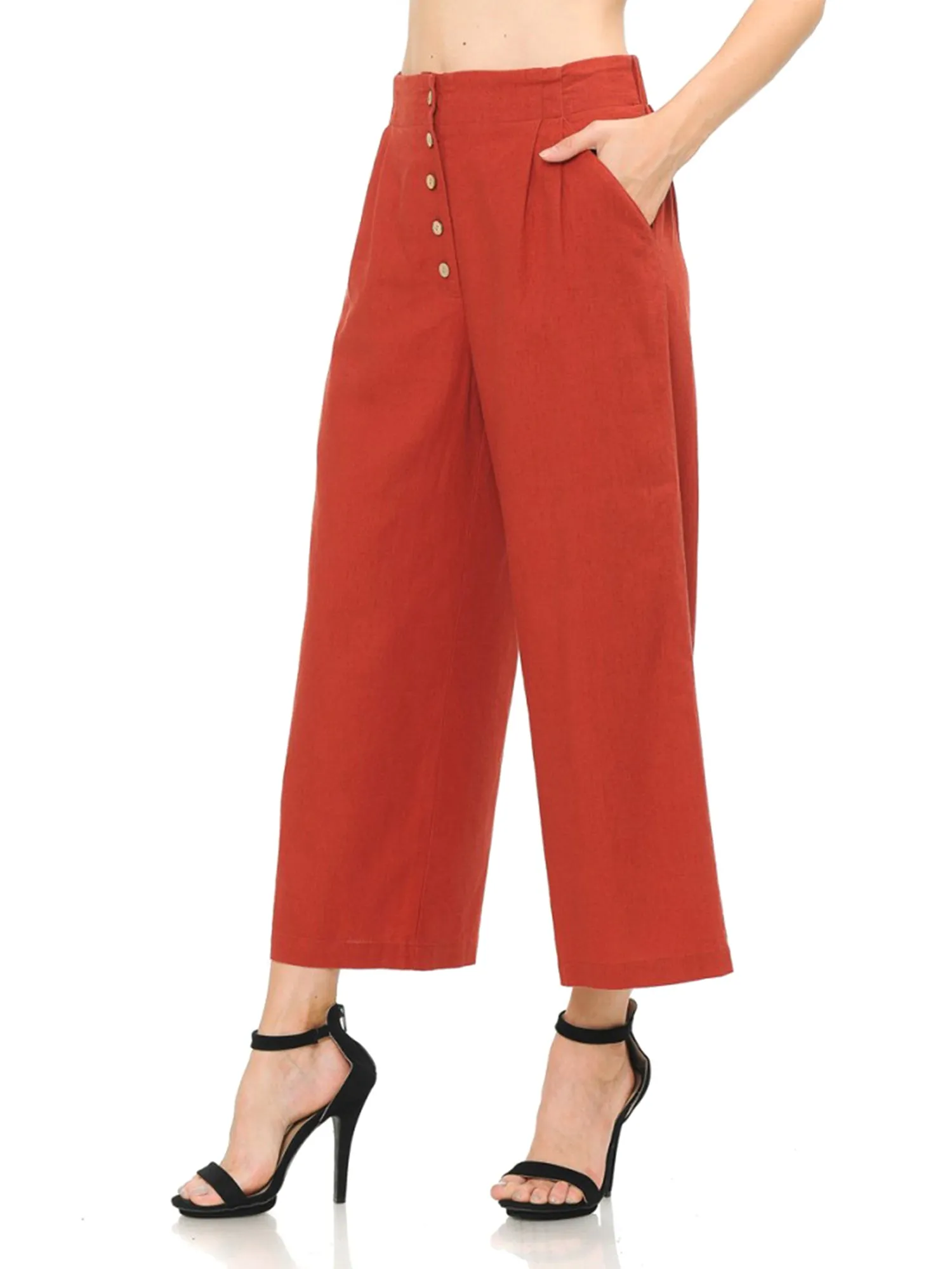Women's Casual Relaxed Loose Fit Wide Leg Linen Crop Pants (FWB1036)