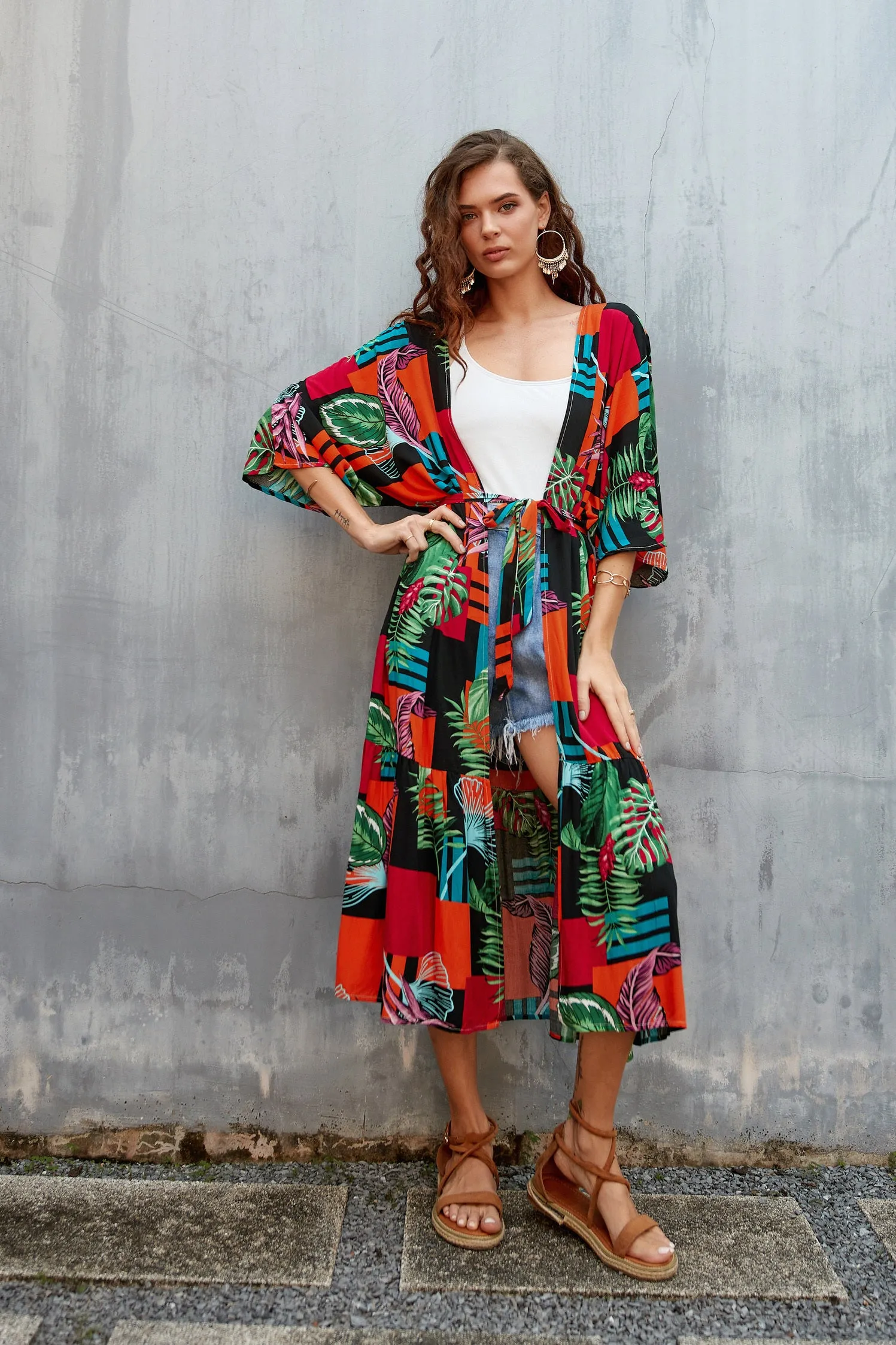 Women's Flowy Blue Beach Kimono Swimsuit Cover-Up with Belt