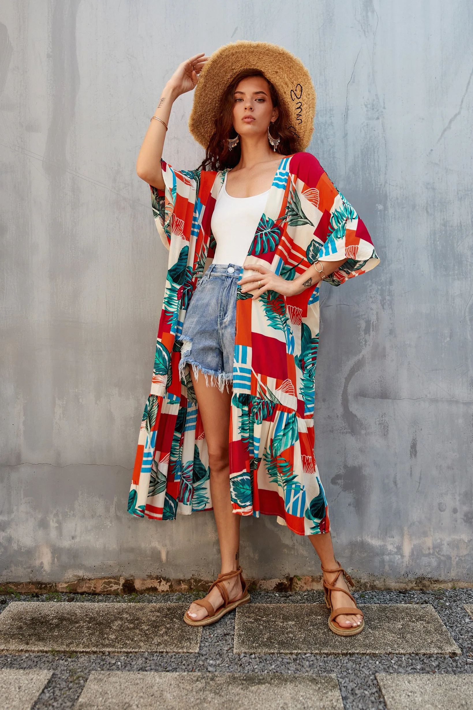 Women's Flowy Blue Beach Kimono Swimsuit Cover-Up with Belt