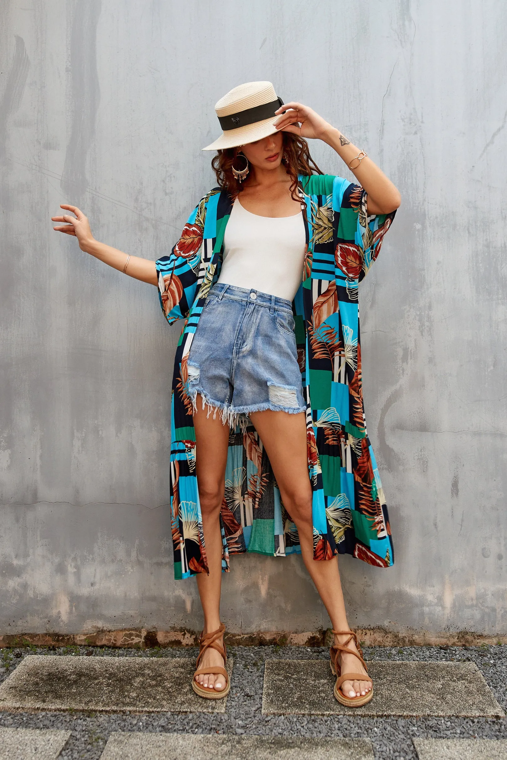 Women's Flowy Blue Beach Kimono Swimsuit Cover-Up with Belt