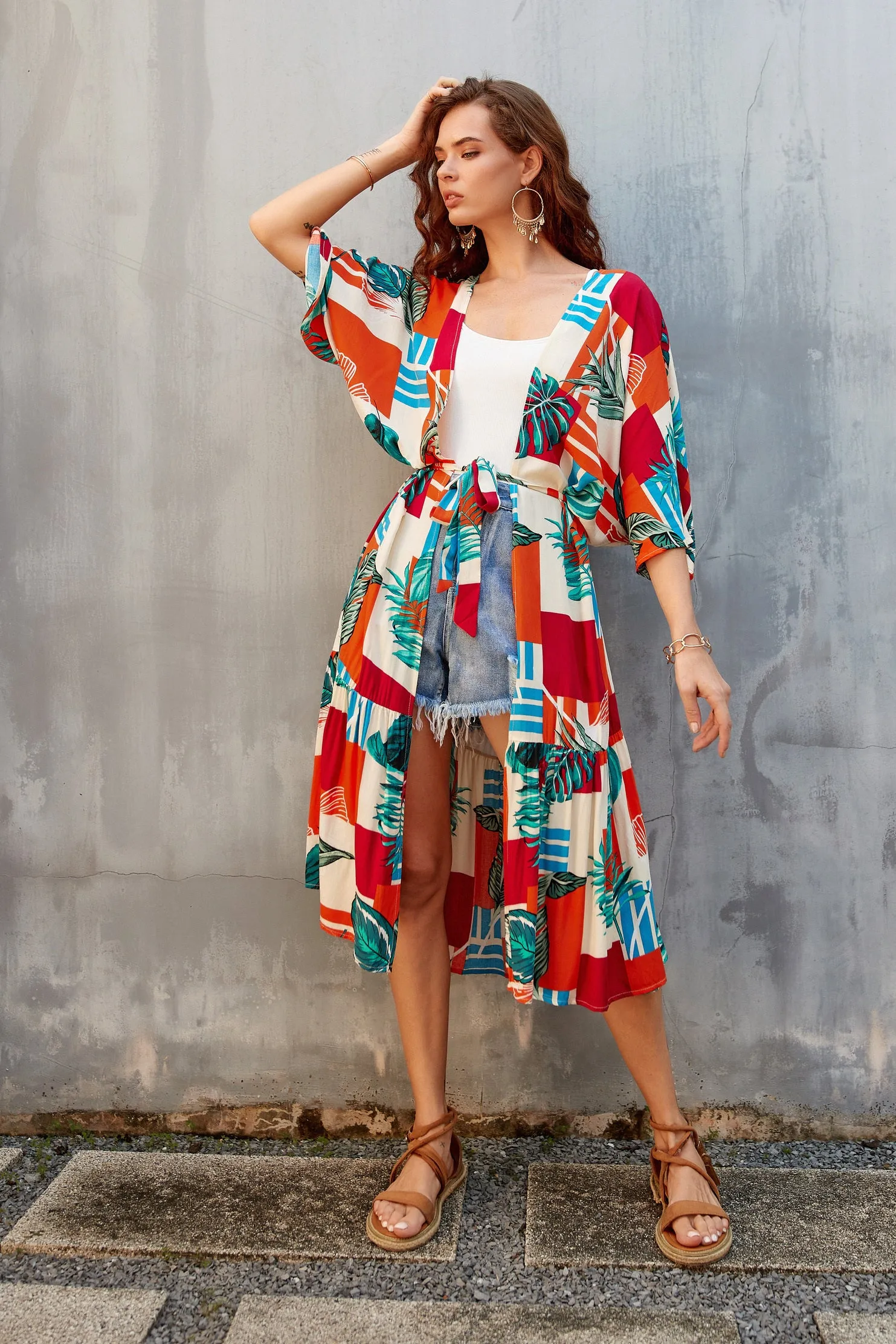 Women's Flowy Blue Beach Kimono Swimsuit Cover-Up with Belt