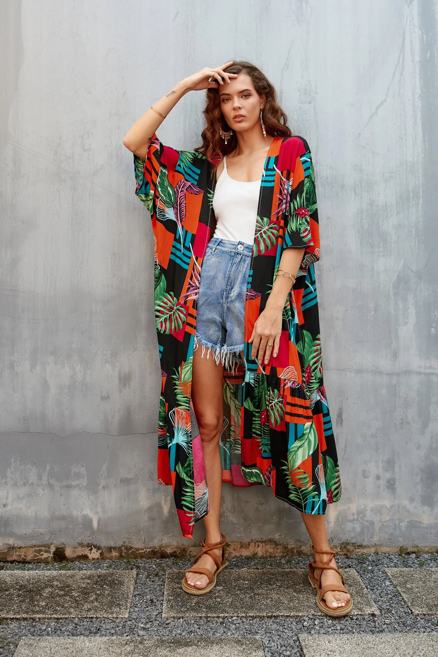 Women's Flowy Blue Beach Kimono Swimsuit Cover-Up with Belt