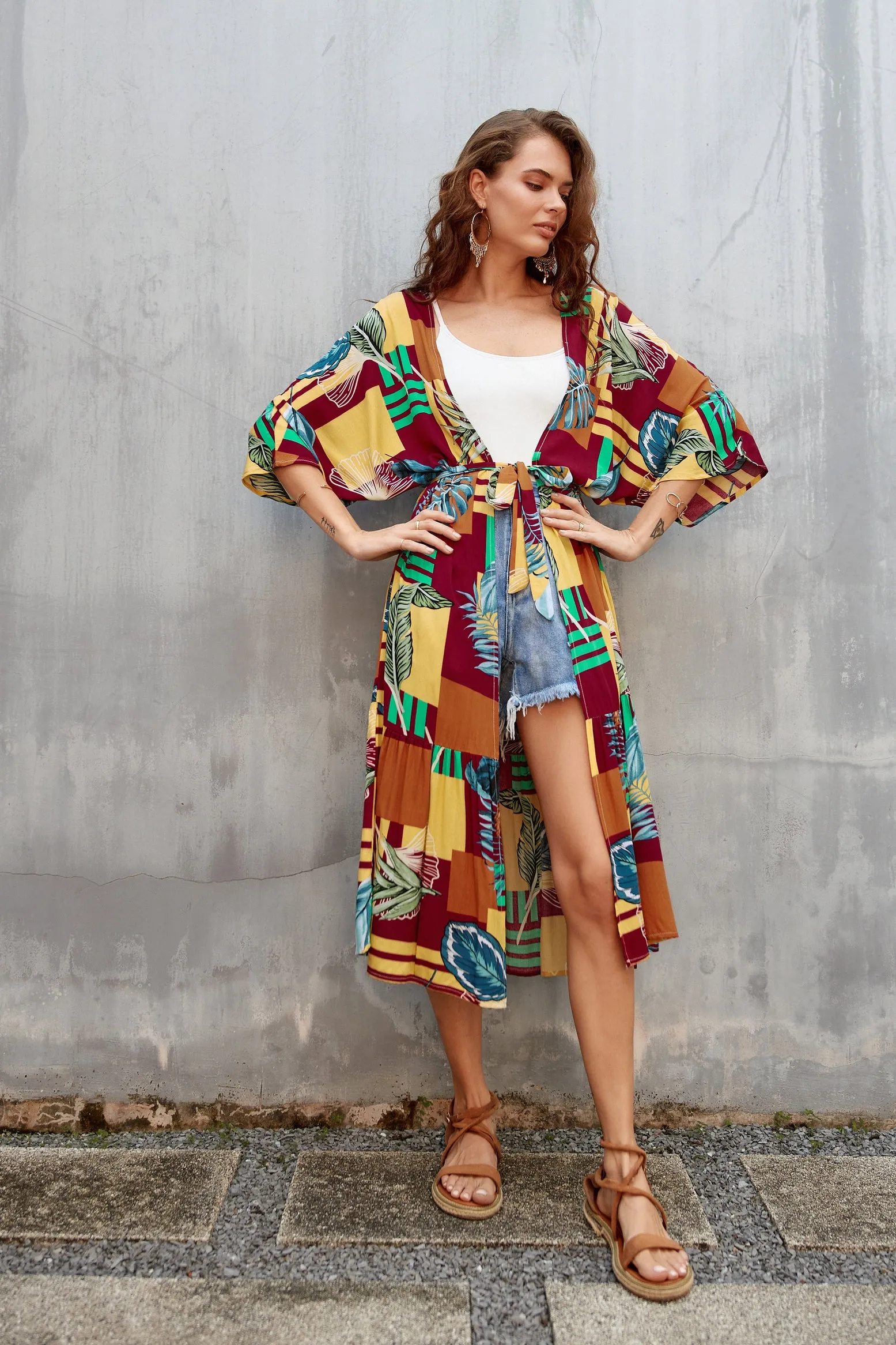Women's Flowy Blue Beach Kimono Swimsuit Cover-Up with Belt