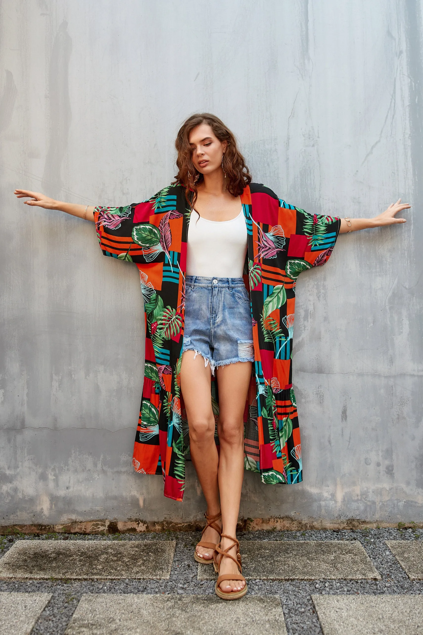 Women's Flowy Blue Beach Kimono Swimsuit Cover-Up with Belt
