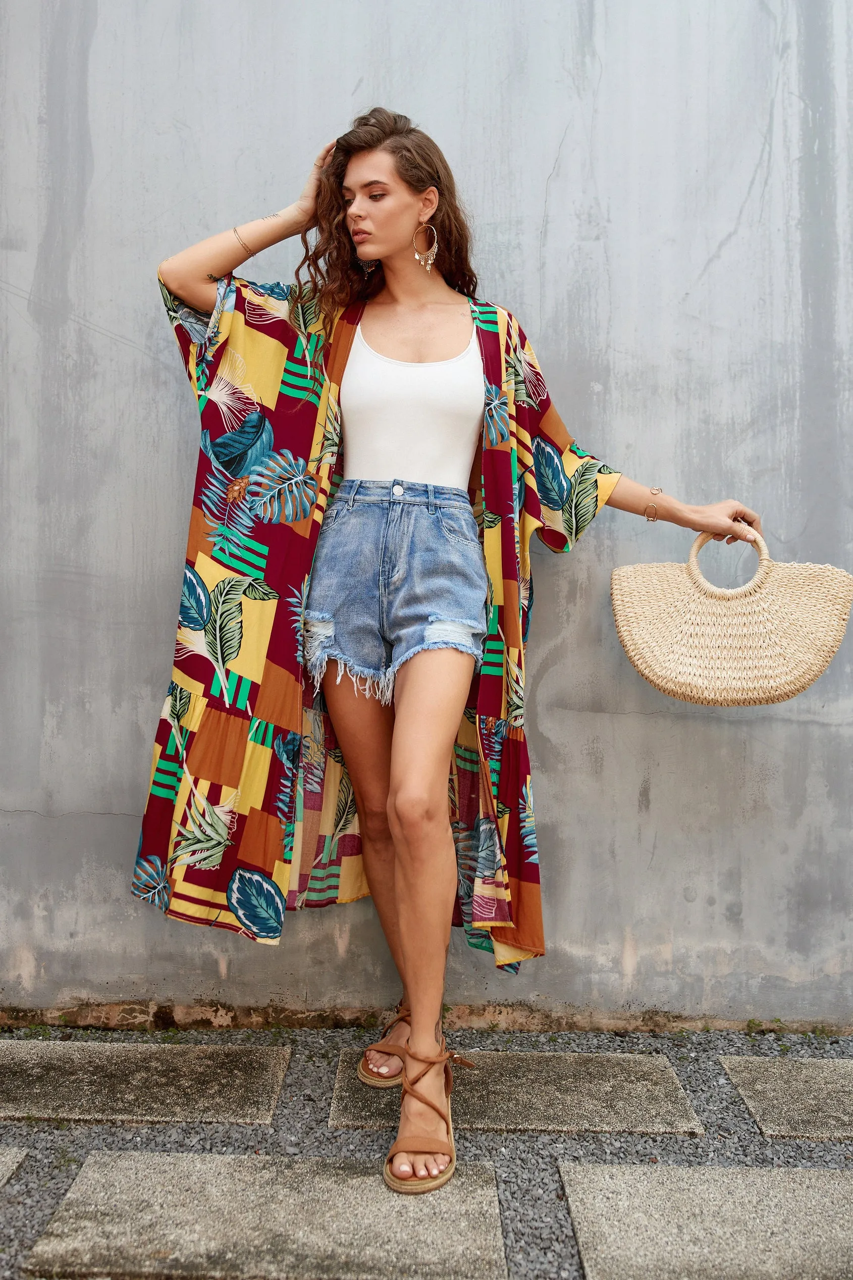 Women's Flowy Blue Beach Kimono Swimsuit Cover-Up with Belt