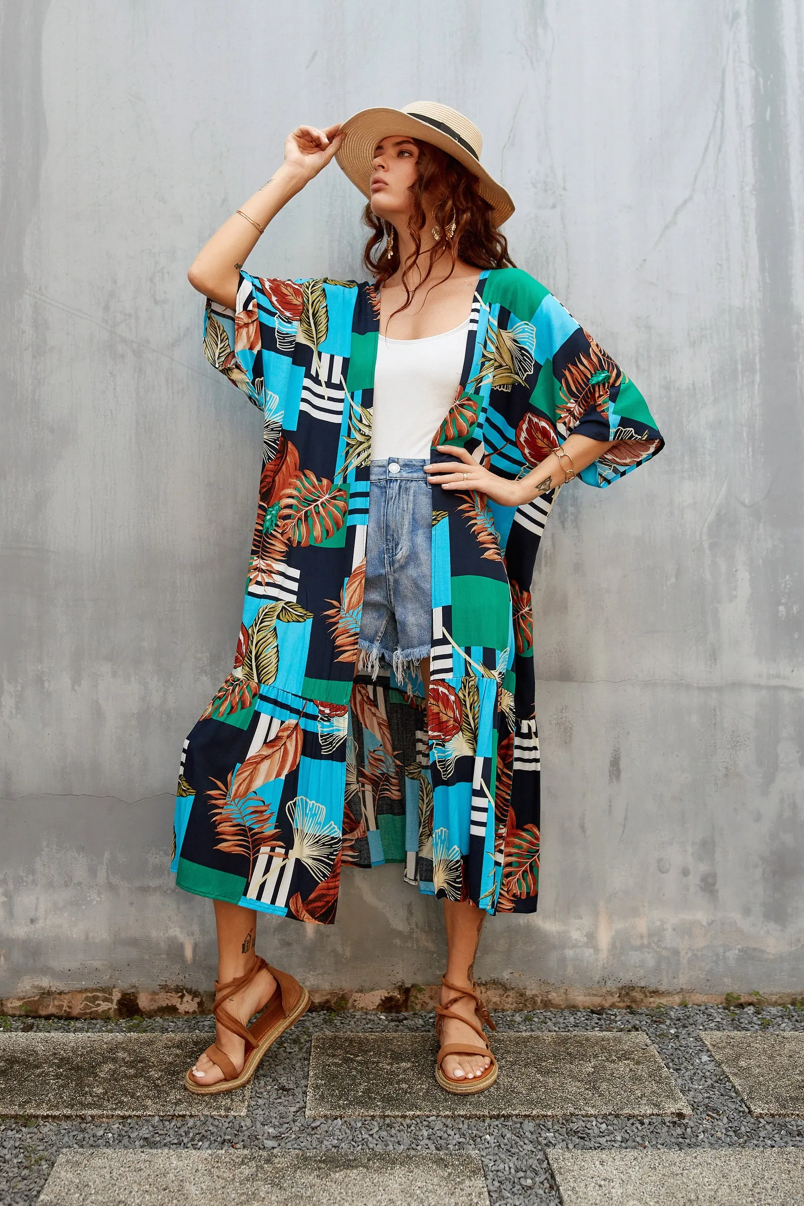 Women's Flowy Blue Beach Kimono Swimsuit Cover-Up with Belt