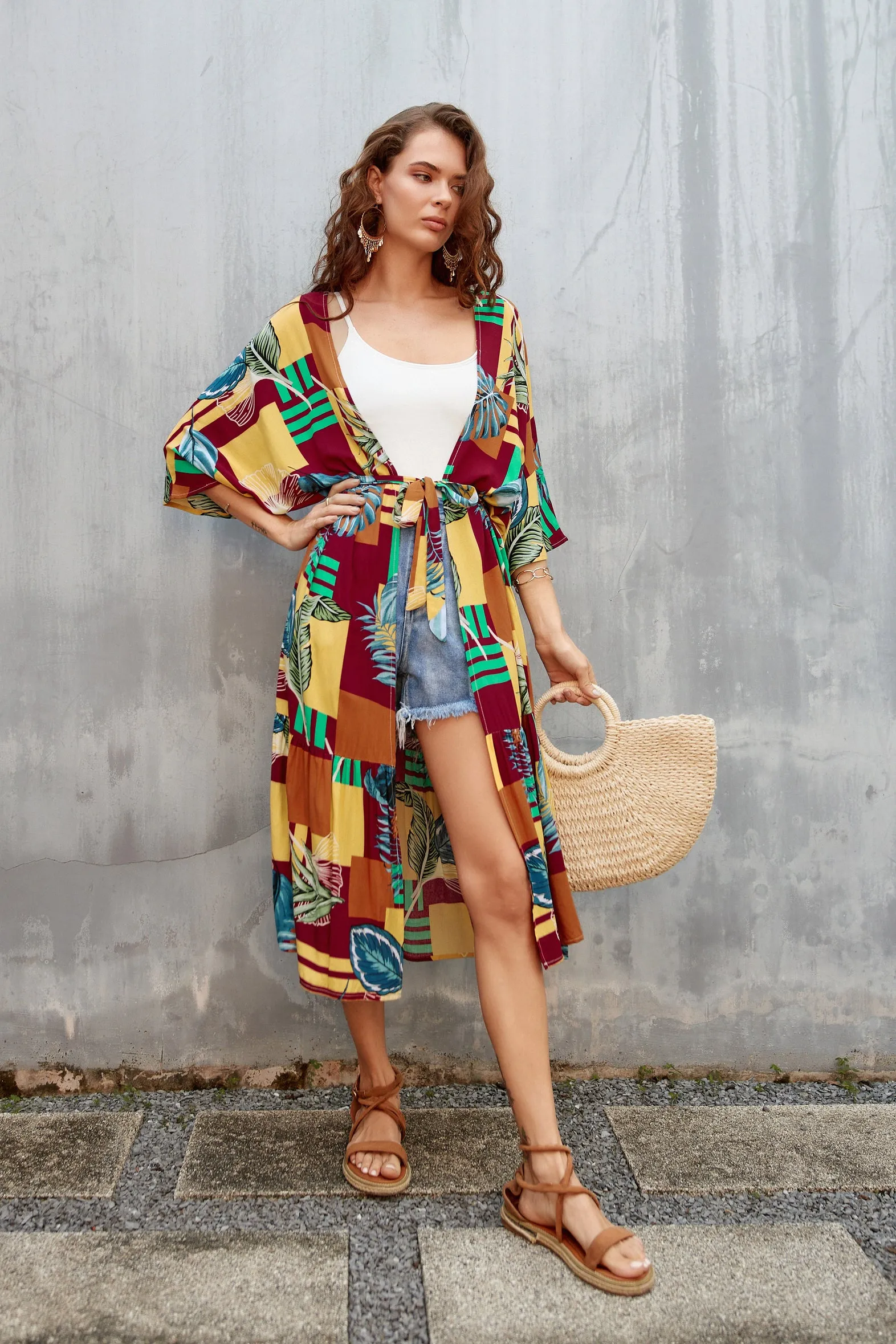 Women's Flowy Blue Beach Kimono Swimsuit Cover-Up with Belt