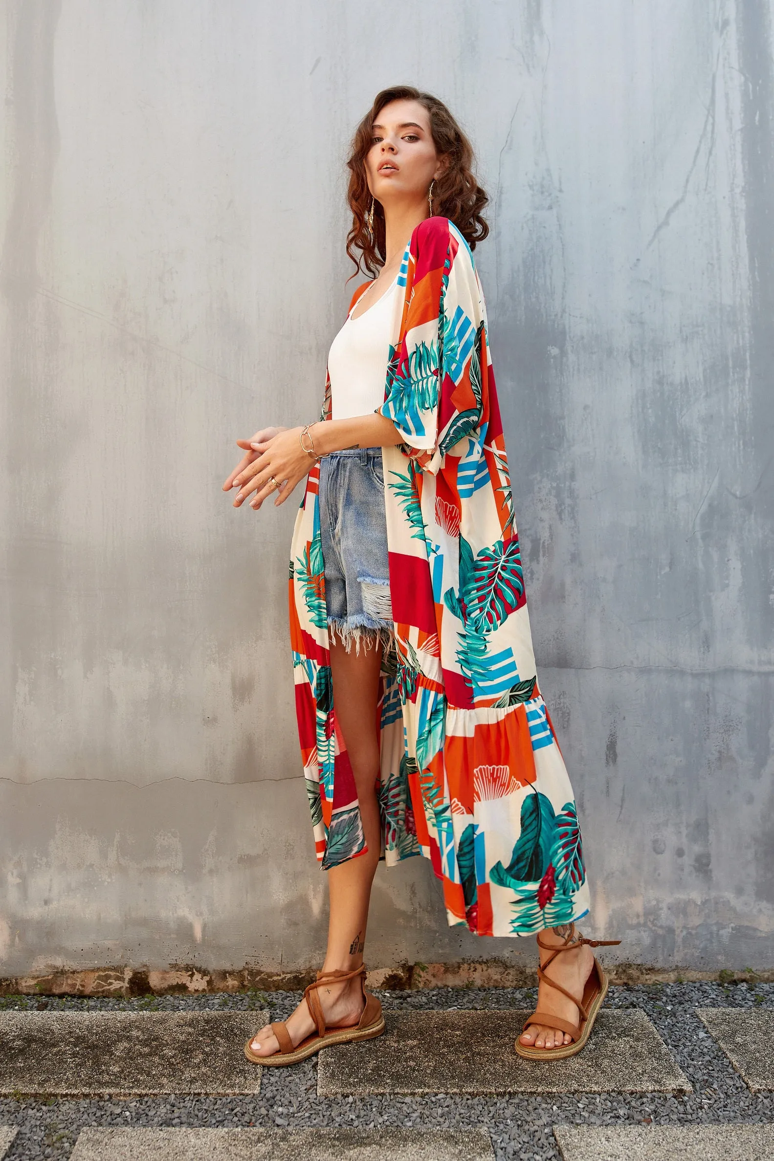 Women's Flowy Blue Beach Kimono Swimsuit Cover-Up with Belt