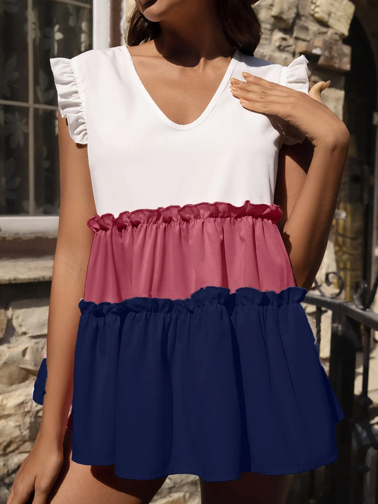 Women's Tank Tops V-Neck Contrast Ruffle Sleeveless Casual Tank Tops