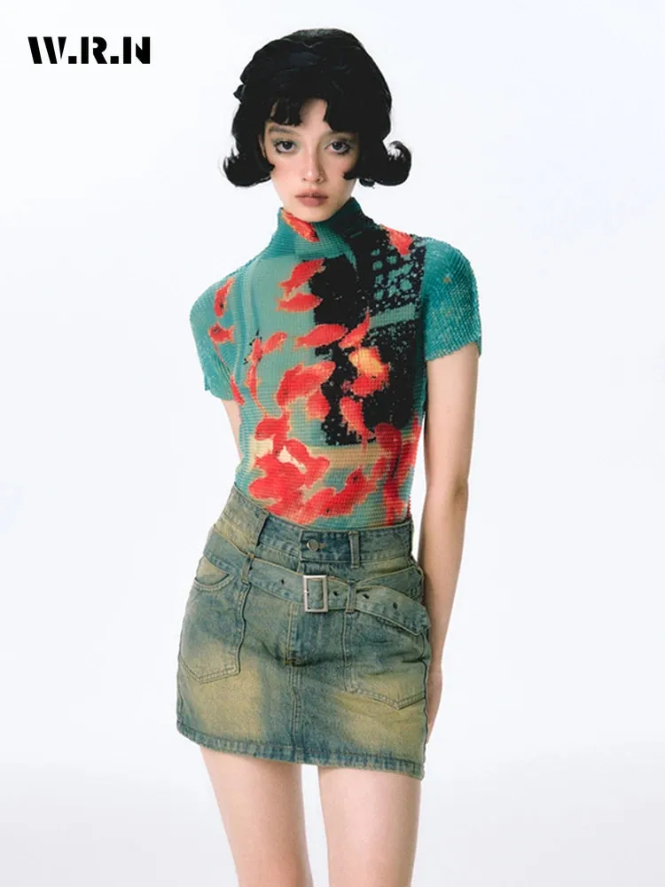 Women’s Tie-Dye Bodycon Crop Top – Short Sleeve Y2K Coquette Kawaii Aesthetic Tee