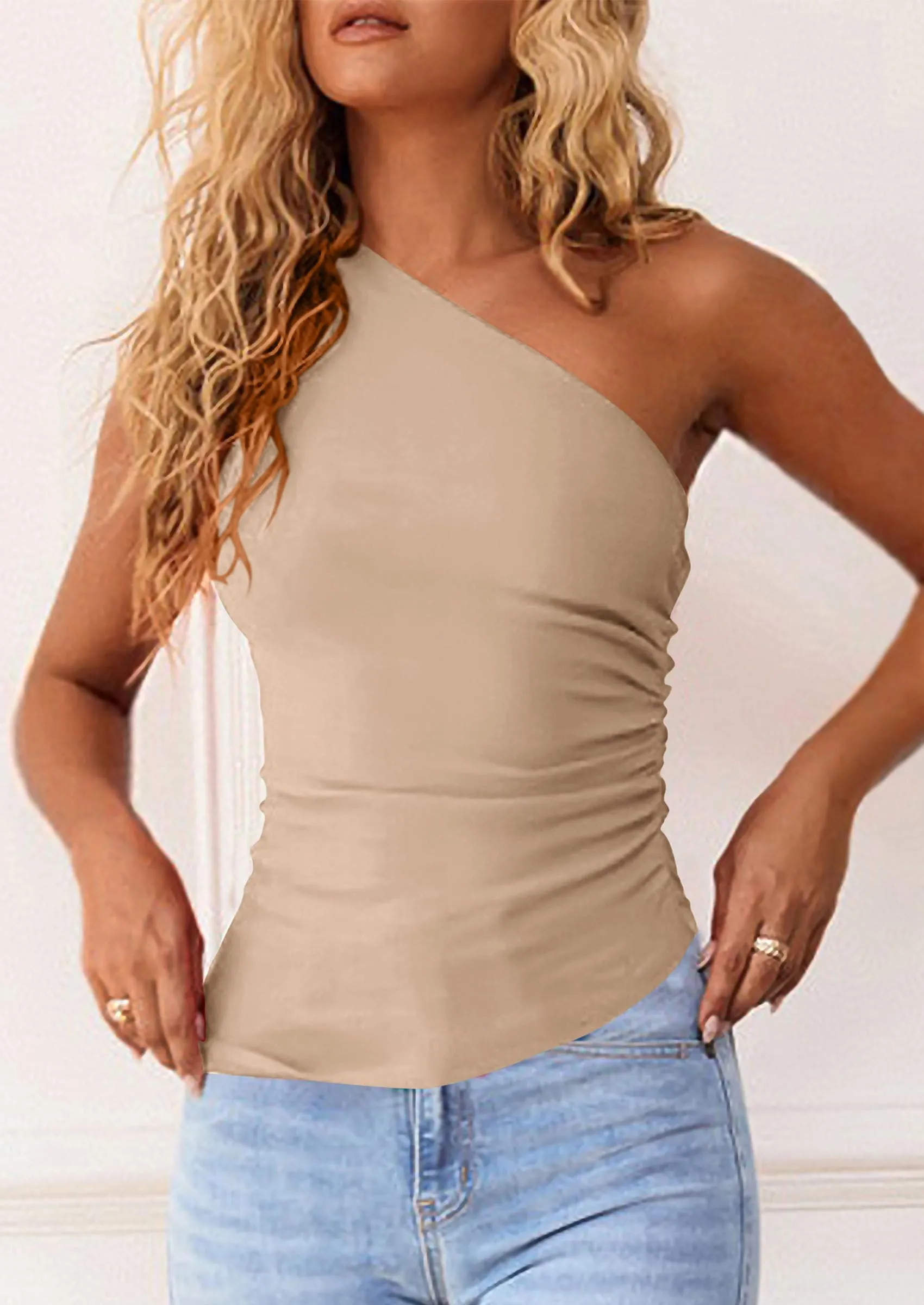 Y2K Sleeveless One Shoulder Slim Fit Ruched Knit Asymmetrical Tank Top