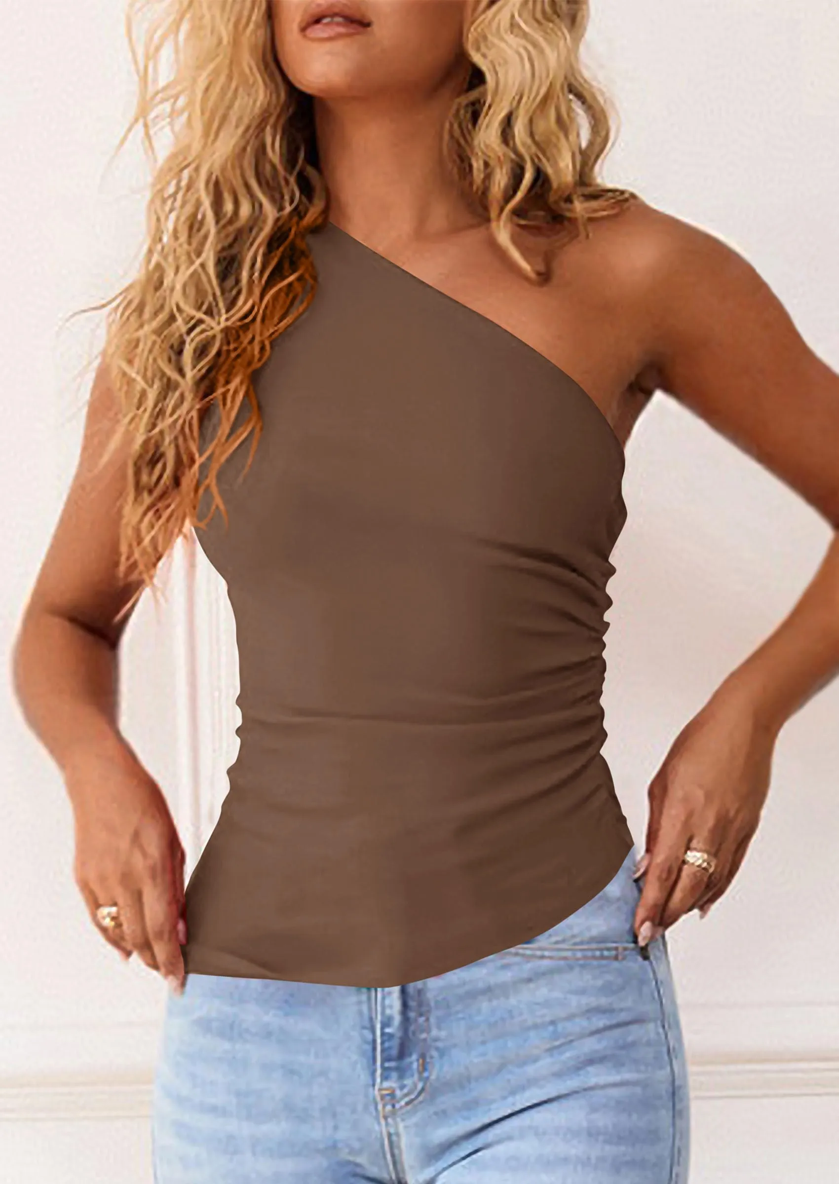 Y2K Sleeveless One Shoulder Slim Fit Ruched Knit Asymmetrical Tank Top