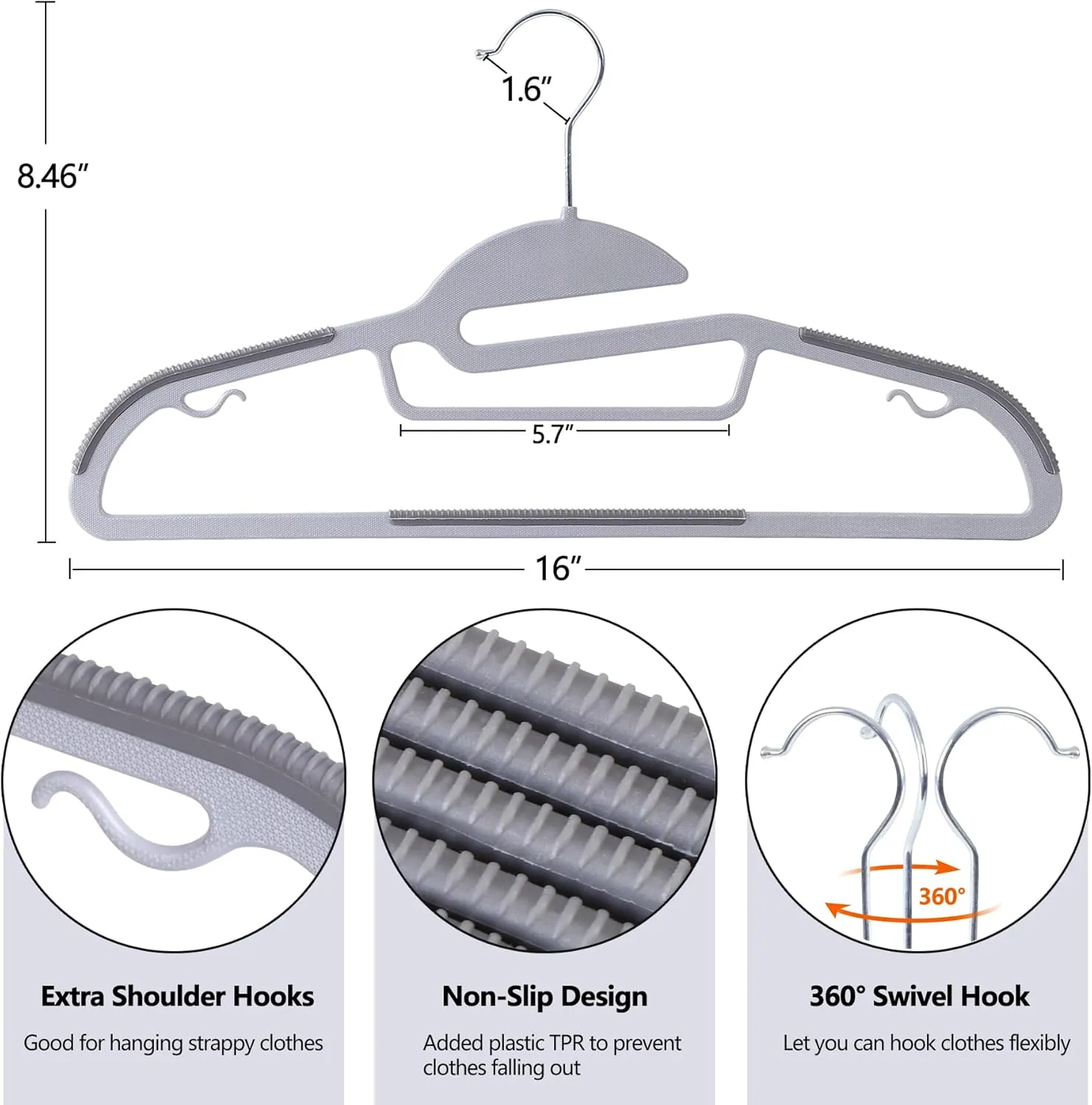 ZENY™ 50 Pack Coat Hangers, Heavy-Duty Plastic Suit Hangers, S-Shaped Opening Non Slip Slim Clothes Hangers with Lateral Hooks and Rubber Pads 360 Degree Swivel Hook Space Saving